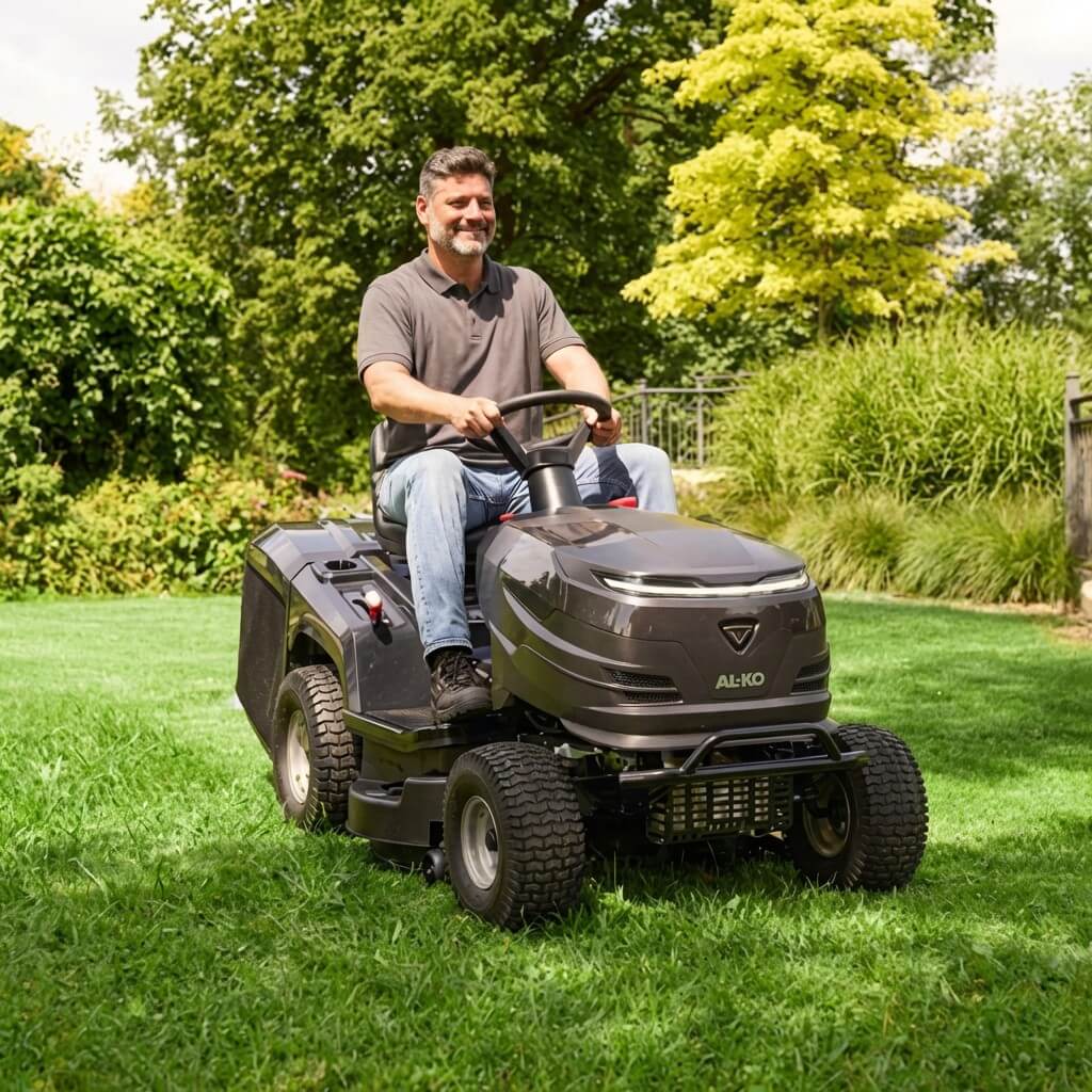 Rasenpflege mit einem AL-KO Aufsitzmäher Bild: Mann entspannt beim Rasenmähen mit einem komfortablen Aufsitzmäher von AL-KO im Garten